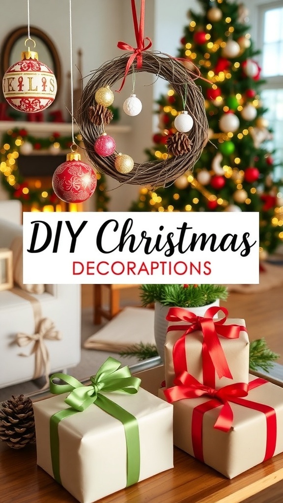 A collection of DIY Christmas decorations and gifts, including ornaments, a wreath, and wrapped presents in a festive setting.